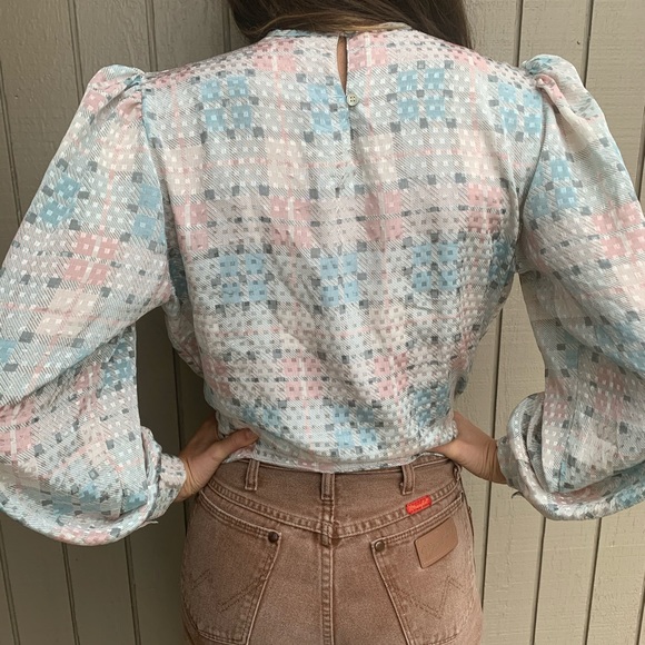 Vintage Tops - Vintage Silky Pastel Plaid Blouse